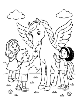 Free printable Children Meeting A Friendly Pegasus coloring page