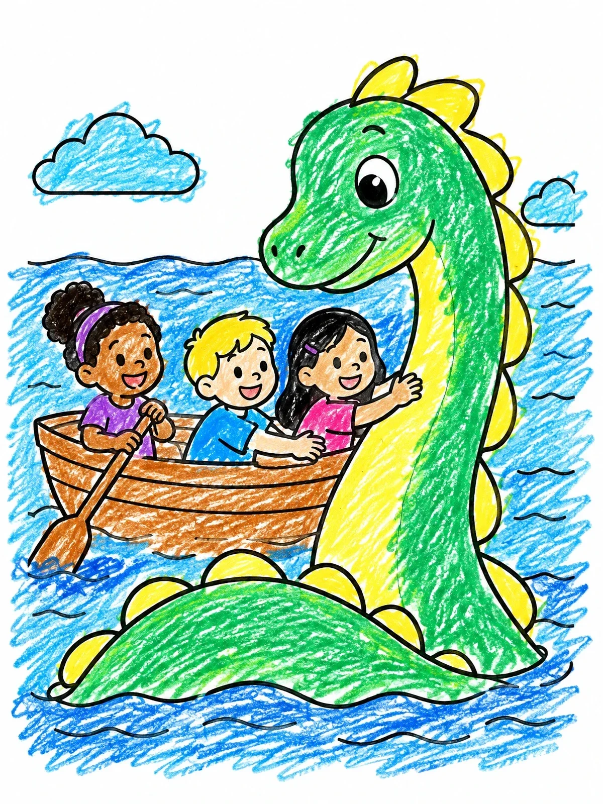 Colored example of the Children Meeting A Friendly Sea Serpent coloring page