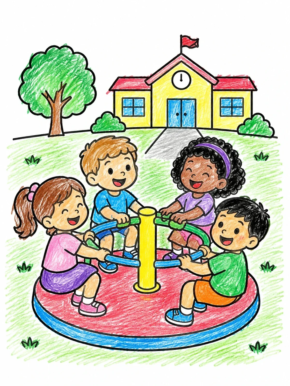 Colored example of the Children On Merry Go Round At School coloring page