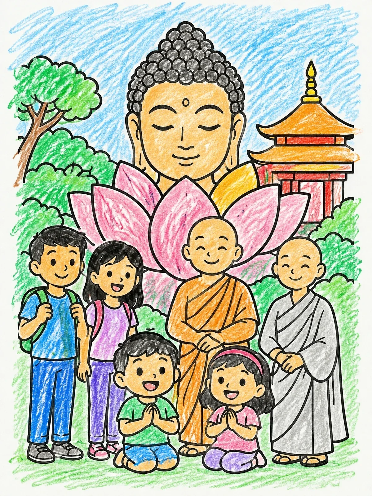 Colored example of the Children And Monks Near Buddha Statue coloring page