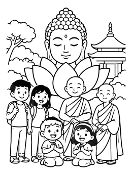 Free printable Children And Monks Near Buddha Statue coloring page