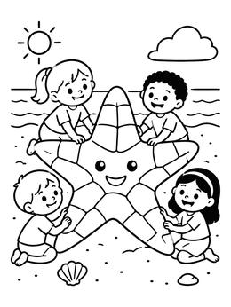 Free printable Children With Mosaic Starfish On The Beach coloring page