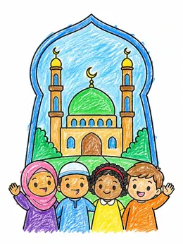 Mosque Colorful Printable Happy Children In Front Of Mosque – Islamic Art Coloring Page