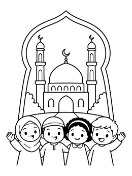 Free printable Happy Children In Front Of Mosque coloring page
