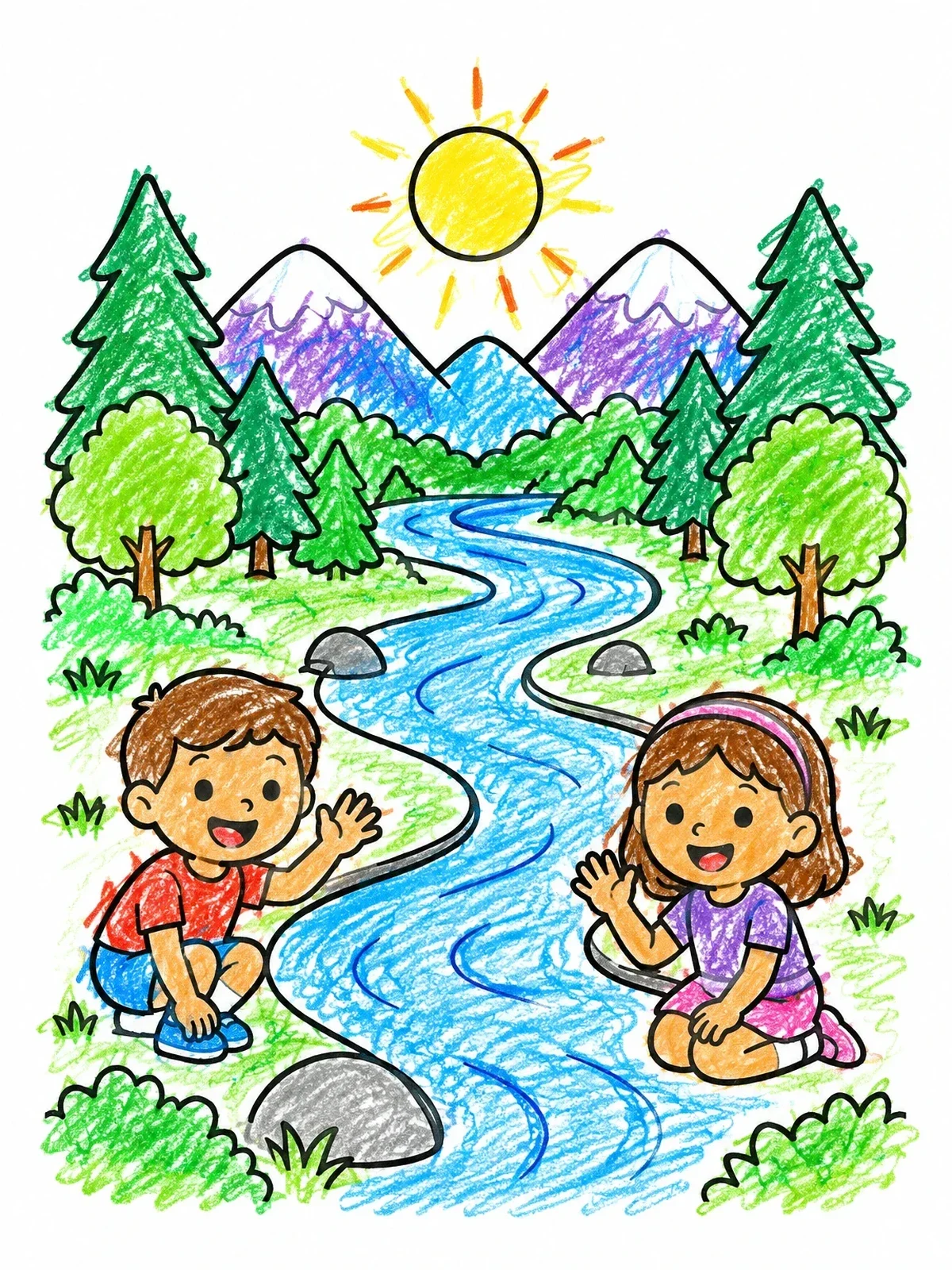 Colored example of the Children By A Mountain River coloring page