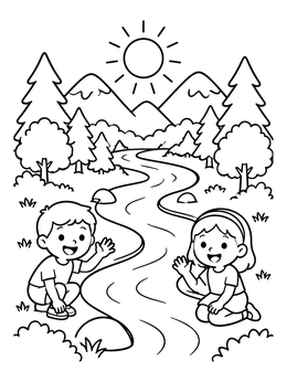 Free printable Children By A Mountain River coloring page