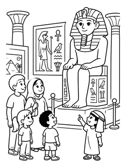 Free printable Children Visiting Egyptian Pharaoh Statue coloring page