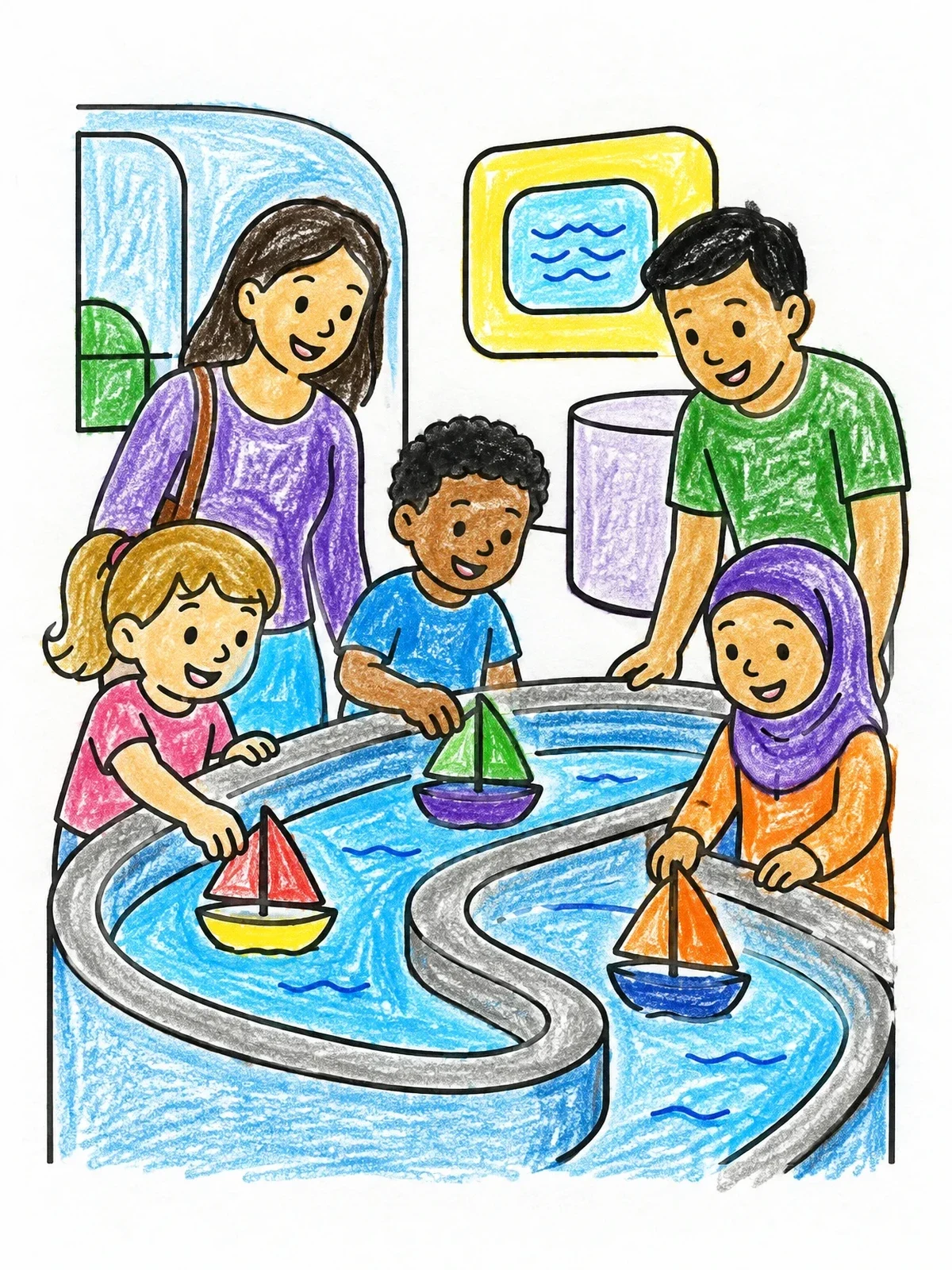 Colored example of the Children Playing At Museum Water Table coloring page