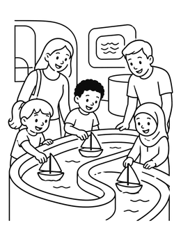 Free printable Children Playing At Museum Water Table coloring page