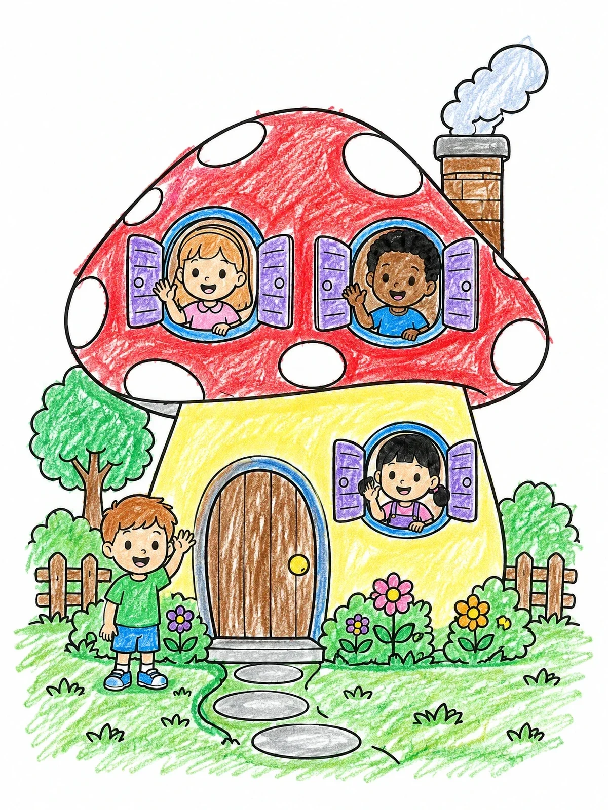 Colored example of the Children At Mushroom Fairy House coloring page