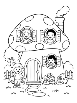 Free printable Children At Mushroom Fairy House coloring page