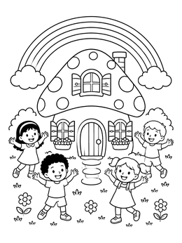 Free printable Children At Mushroom Rainbow House coloring page