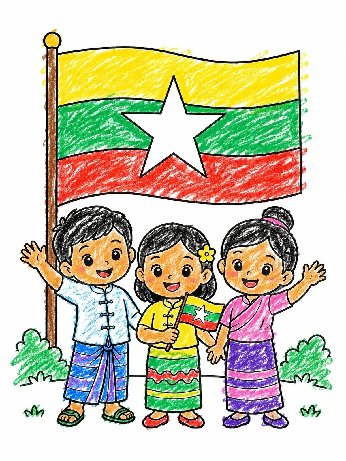 Colored example of the Children With The Myanmar Flag coloring page
