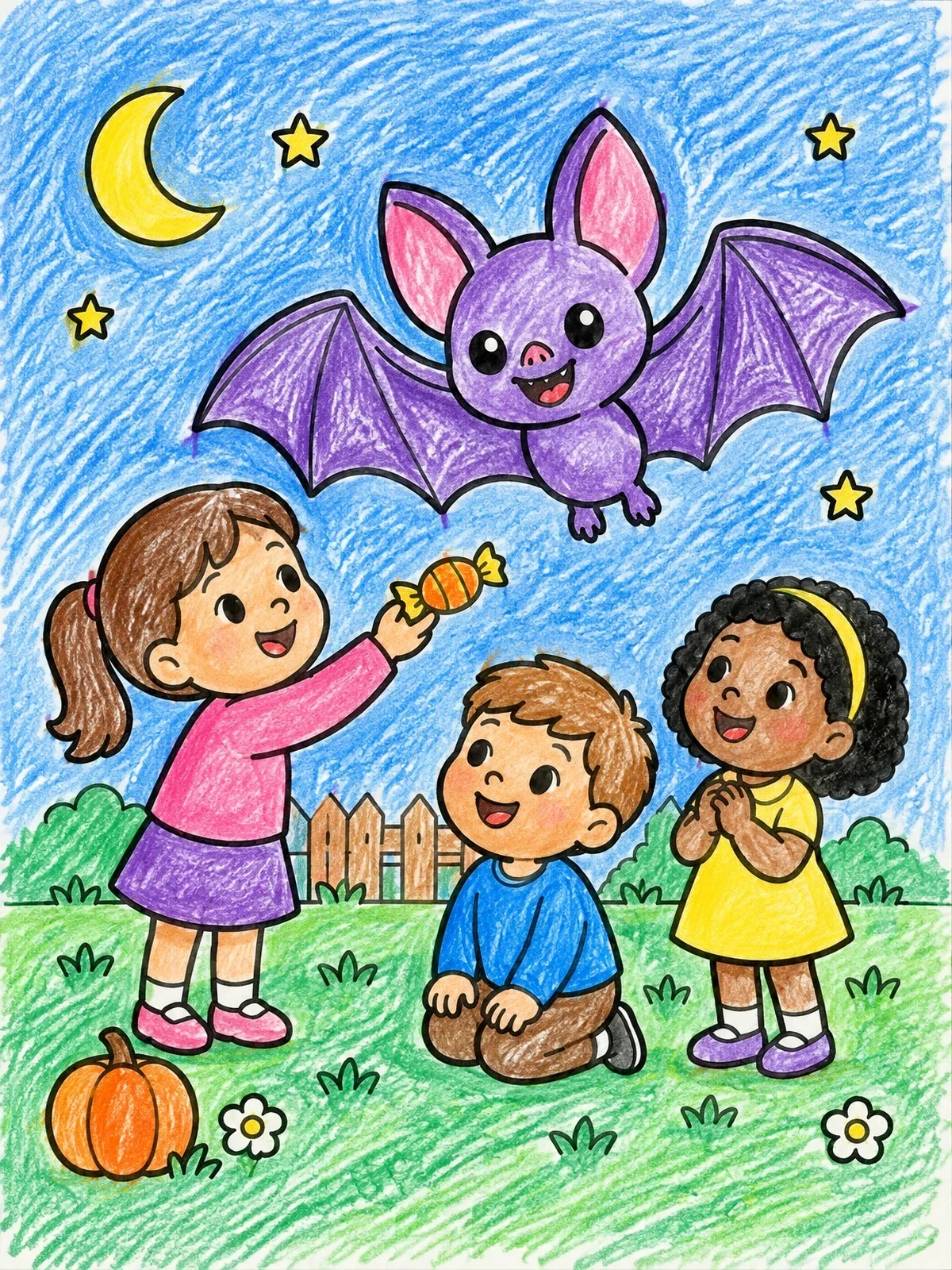 Colored example of the Children Offering Candy To A Cute Bat coloring page