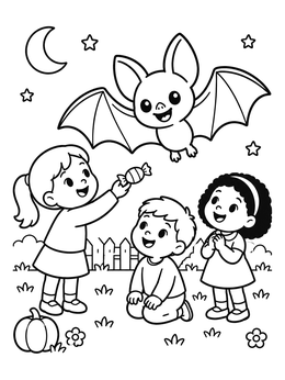 Three children share sweet candy with a friendly flying creature on this halloween bat coloring page.