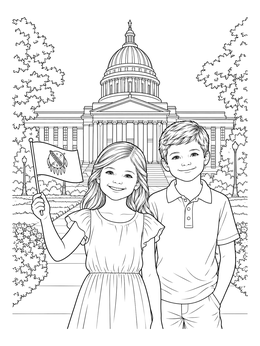 A smiling boy and girl hold a state flag in this Oklahoma coloring page.