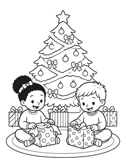 Siblings unwrapping holiday gifts in this christmas tree coloring page.