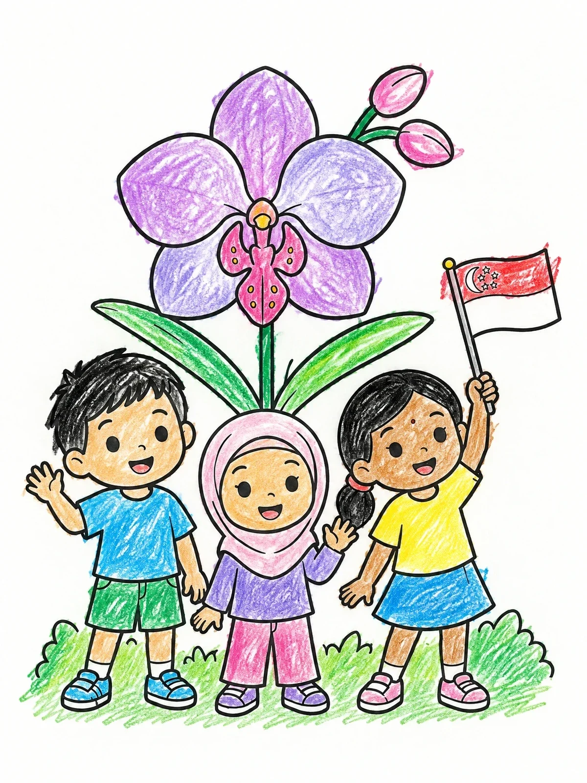 Colored example of the Children With Orchid And Singapore Flag coloring page