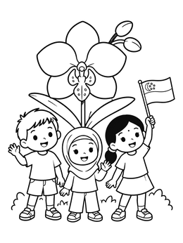 Free printable Children With Orchid And Singapore Flag coloring page