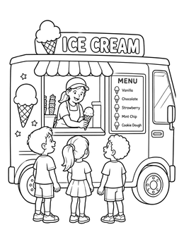 Children order sweet treats in this ice cream truck coloring page.