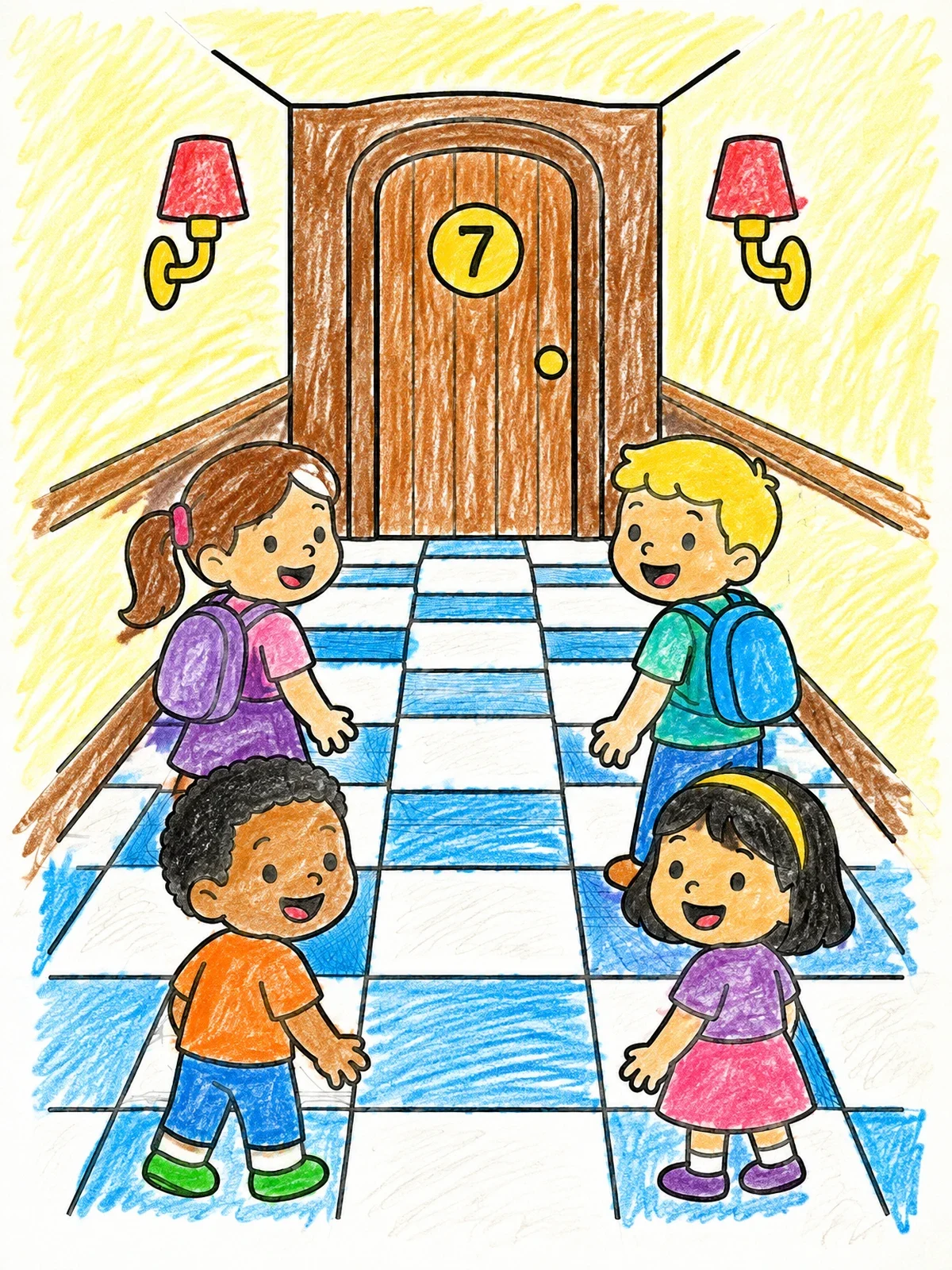 Colored example of the Children Outside Number Seven Door coloring page