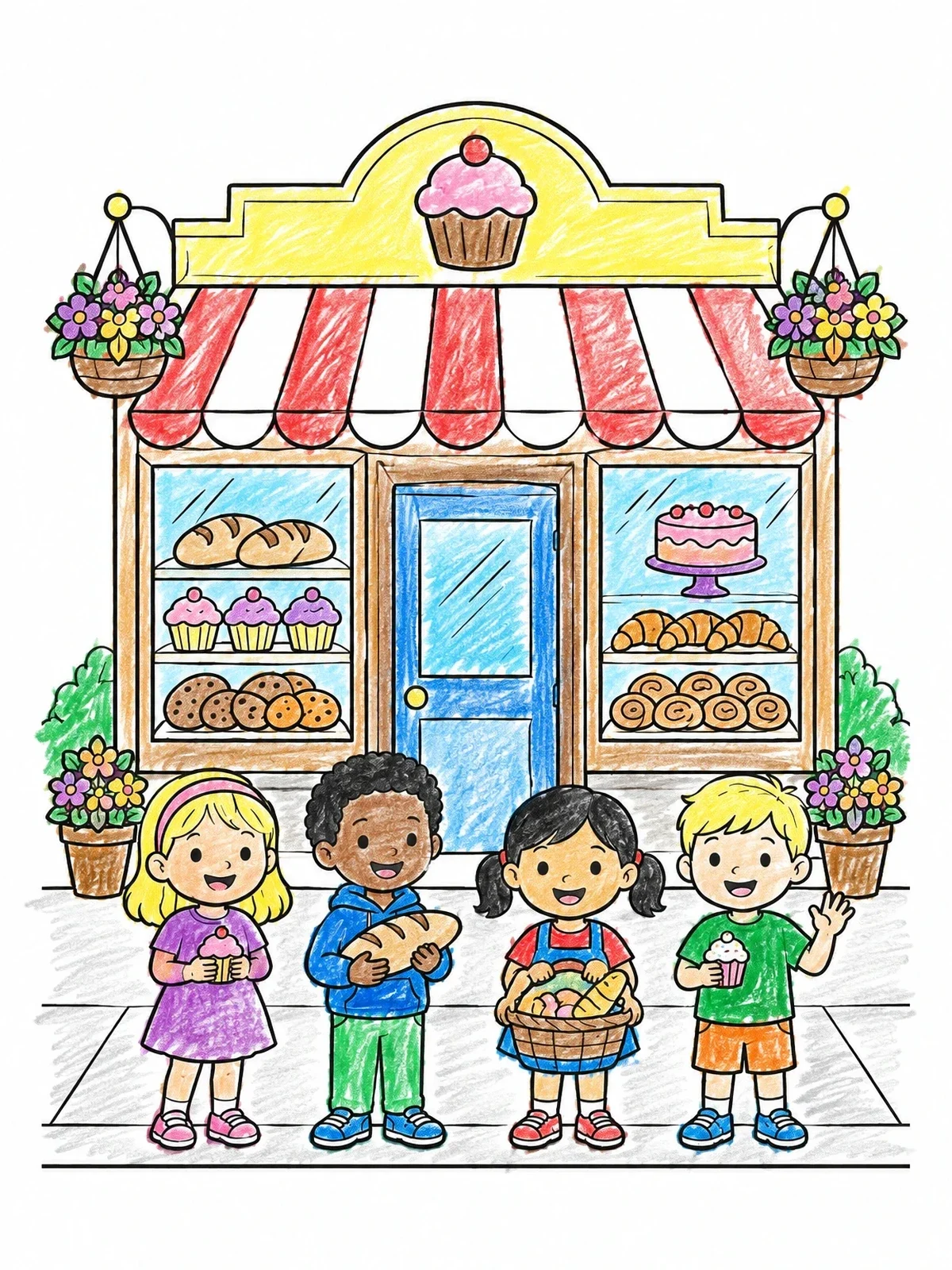 Colored example of the Children Outside A Sweet Bakery coloring page