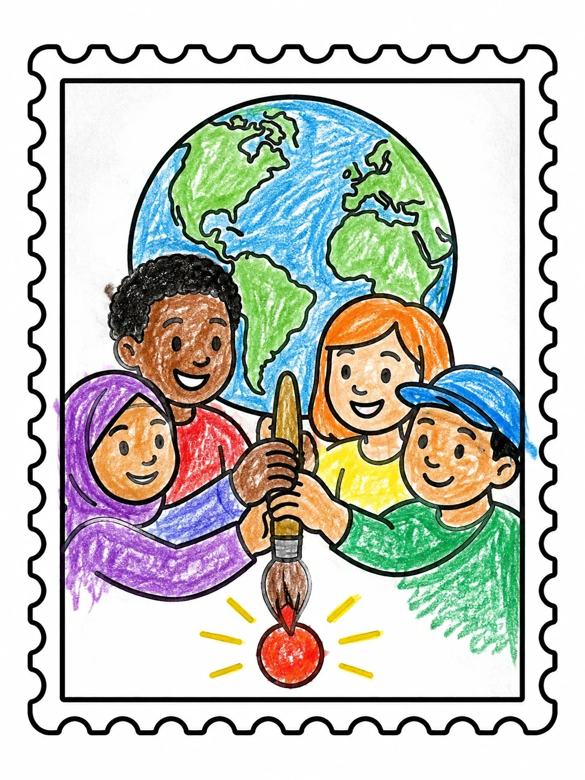 Colored example of the Children Painting A Dot Postage Stamp coloring page