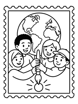 Free printable Children Painting A Dot Postage Stamp coloring page