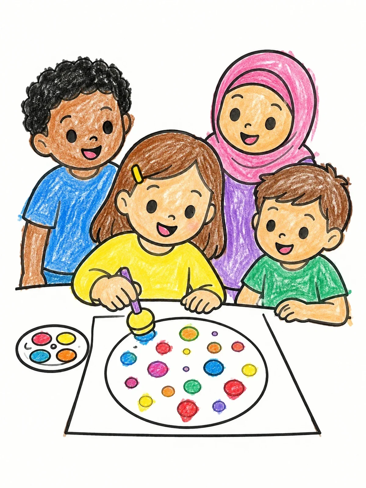 Colored example of the Children Painting Dots Together coloring page