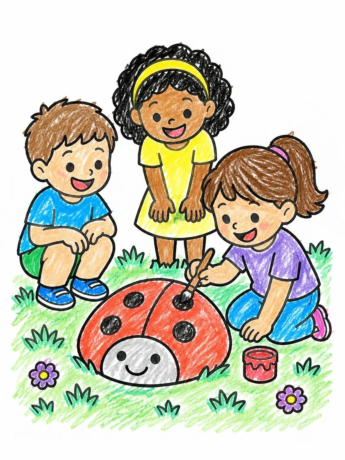 Colored example of the Children Painting A Ladybug Stone coloring page