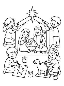 Happy children crafting decorations in this cheerful nativity coloring page.