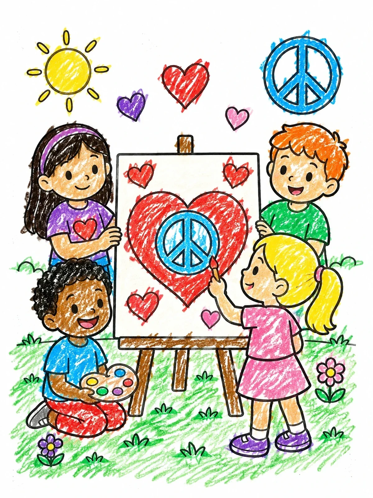 Colored example of the Children Painting A Peace Sign Canvas coloring page