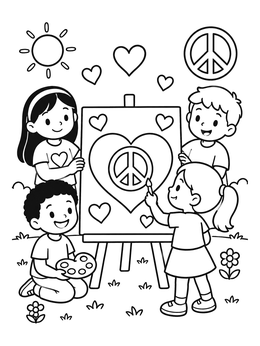 Free printable Children Painting A Peace Sign Canvas coloring page