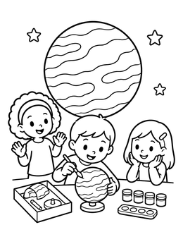 Children crafting together in a playful venus coloring page.