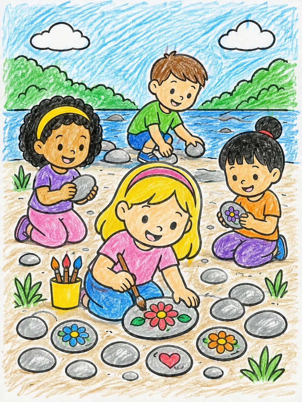 Colored example of the Children Painting River Pebbles Outdoors coloring page