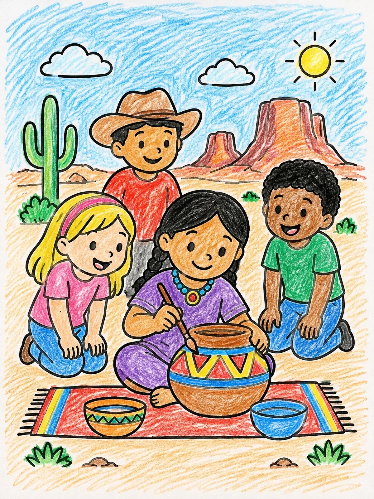 Colored example of the Children Painting Pottery In The Desert coloring page