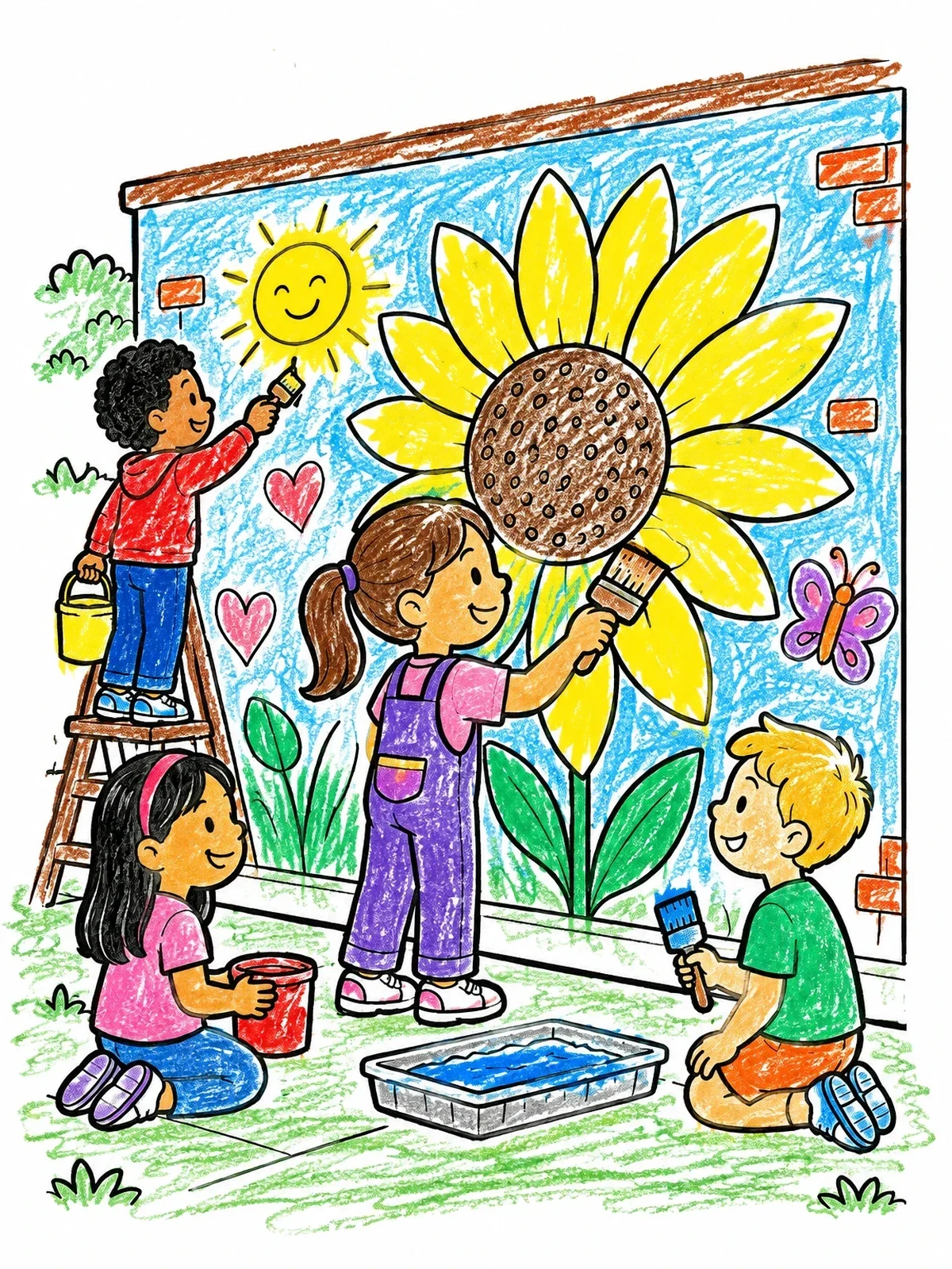 Colored example of the Children Painting A Sunflower Mural coloring page