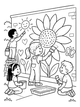 Free printable Children Painting A Sunflower Mural coloring page