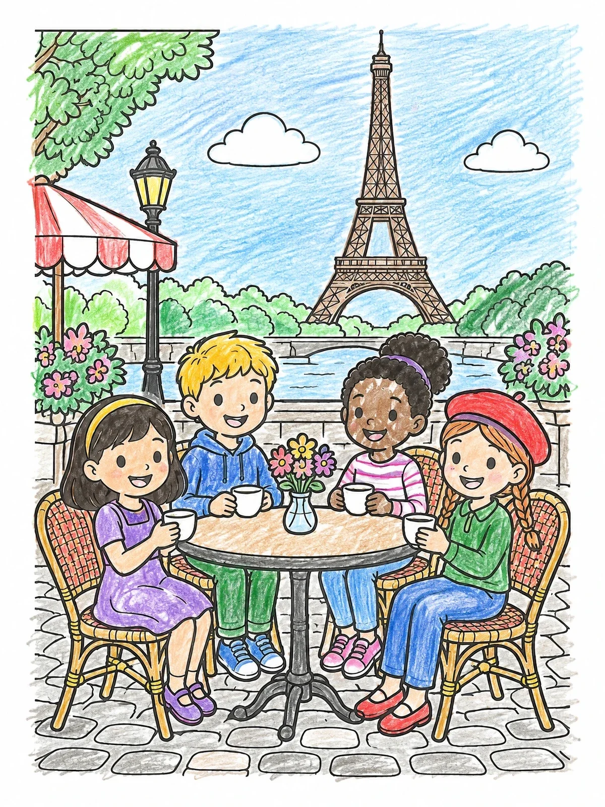 Colored example of the Children At A Paris Cafe coloring page