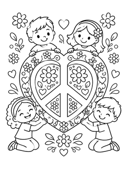 Free printable Children Holding Peace Heart Symbol coloring page