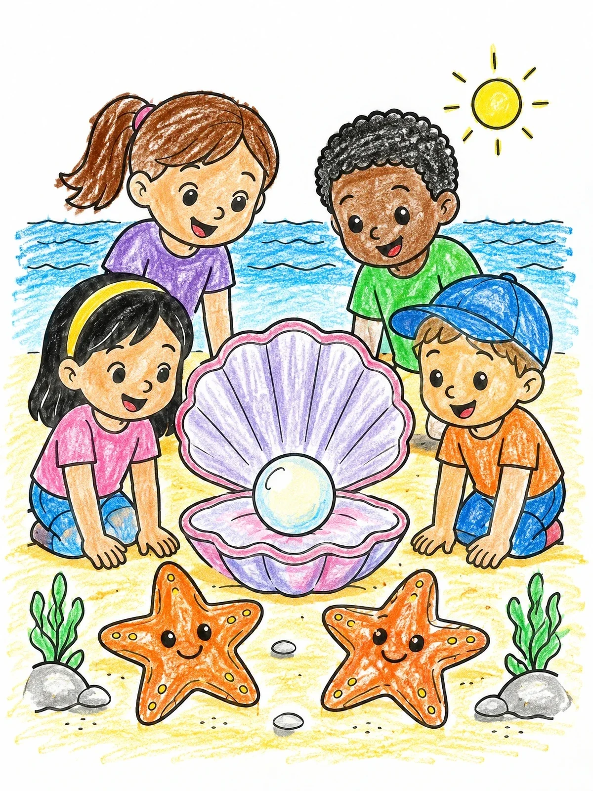 Colored example of the Children Finding A Pearl And Starfish coloring page