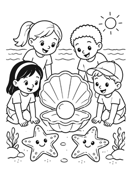 Happy children look at an open pearl clam on this beach star coloring page.