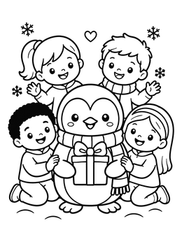 Free printable Penguin And Children Celebrating Winter Holidays coloring page