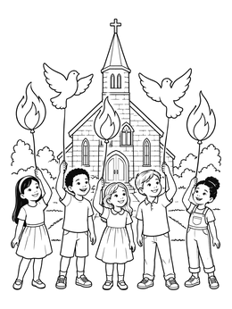 Free printable Children With Pentecost Balloons By Church coloring page