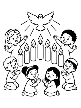 Free printable Children Celebrating Pentecost With Seven Candles coloring page