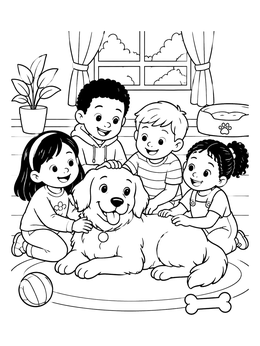 Happy children petting their fluffy dog in this family coloring page.