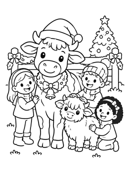 Kids pet holiday cattle on this christmas cow coloring page.