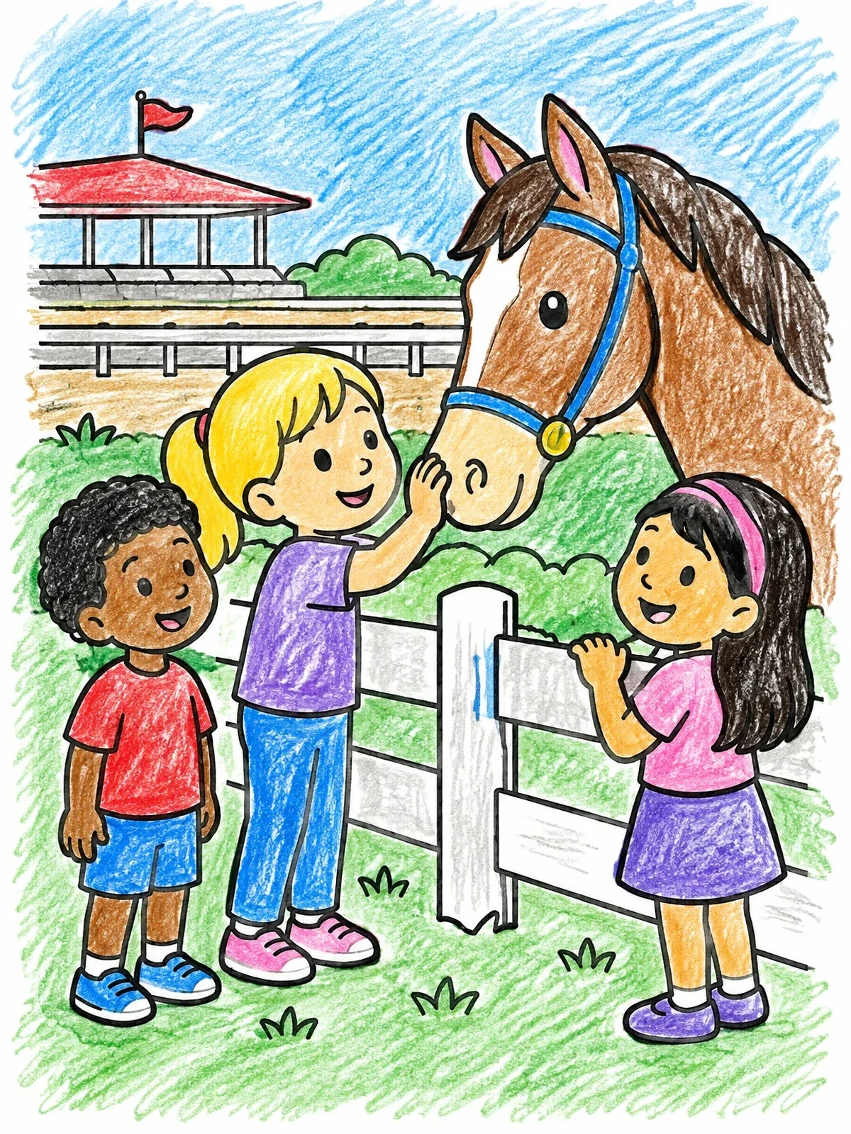 Colored example of the Children Petting A Friendly Racehorse coloring page