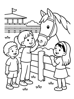 Free printable Children Petting A Friendly Racehorse coloring page