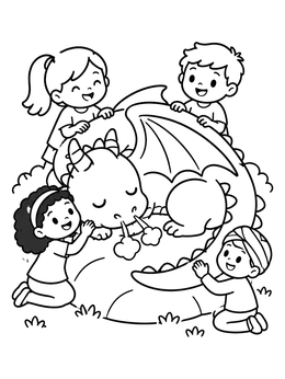 Smiling kids gather around a dragon valentine coloring page with a sleeping dragon.